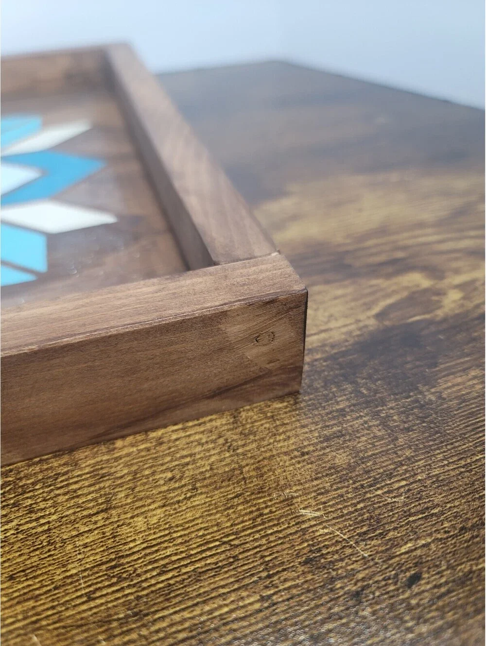 Handmade Wooden Tray With Painted Sparkly Teal Blue And White Barn Quilt Design